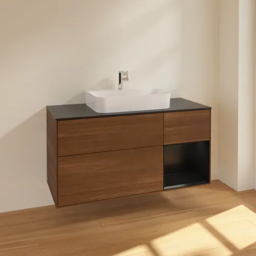 VILLEROY BOCH Finion Waschbeckenunterschrank, mit Beleuchtung, 3 Auszüge, 1200 x 603 x 501 mm, Walnut Veneer / Black Matt Lacquer / Glass Black Matt #F422PDGN, Bild 2
