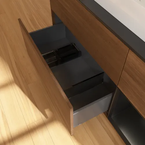 VILLEROY BOCH Finion Waschbeckenunterschrank, mit Beleuchtung, 3 Auszüge, 1200 x 603 x 501 mm, Walnut Veneer / Black Matt Lacquer / Glass Black Matt #F422PDGN, Bild 7