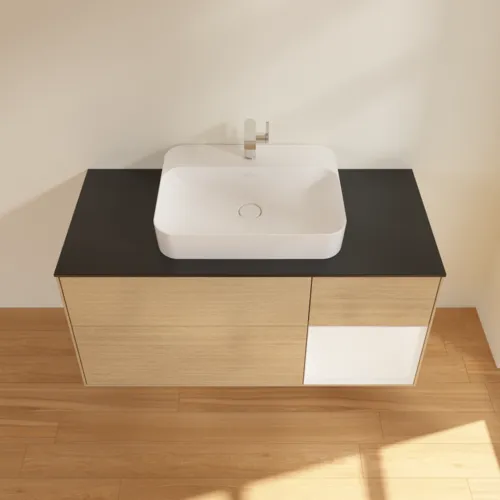 Bild von VILLEROY BOCH Finion Waschbeckenunterschrank, mit Beleuchtung, 3 Auszüge, 1200 x 603 x 501 mm, Oak Veneer / White Matt Lacquer / Glass Black Matt #F422MTPC