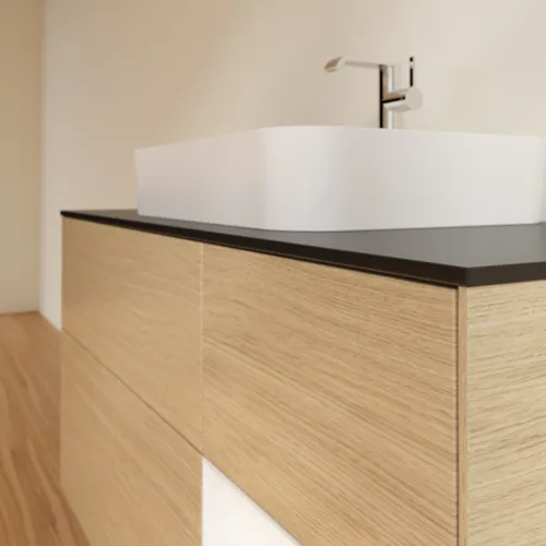 Bild von VILLEROY BOCH Finion Waschbeckenunterschrank, mit Beleuchtung, 3 Auszüge, 1200 x 603 x 501 mm, Oak Veneer / White Matt Lacquer / Glass Black Matt #F422MTPC