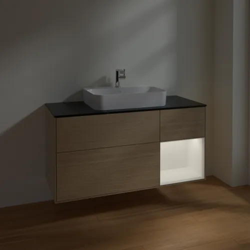 Bild von VILLEROY BOCH Finion Waschbeckenunterschrank, mit Beleuchtung, 3 Auszüge, 1200 x 603 x 501 mm, Oak Veneer / White Matt Lacquer / Glass Black Matt #F422MTPC