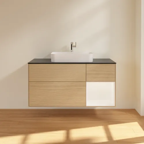 Bild von VILLEROY BOCH Finion Waschbeckenunterschrank, mit Beleuchtung, 3 Auszüge, 1200 x 603 x 501 mm, Oak Veneer / White Matt Lacquer / Glass Black Matt #F422MTPC