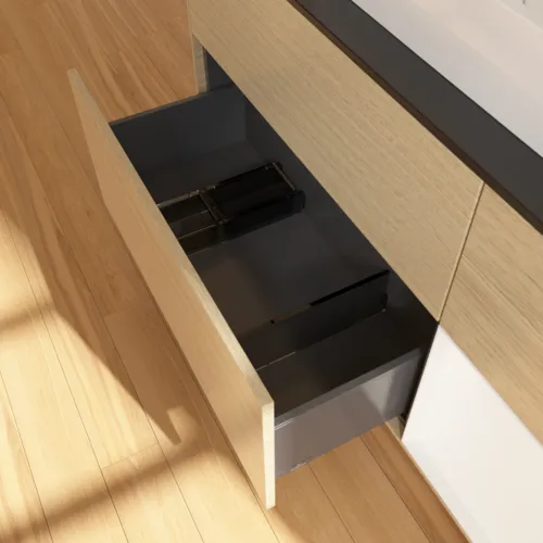 Bild von VILLEROY BOCH Finion Waschbeckenunterschrank, mit Beleuchtung, 3 Auszüge, 1200 x 603 x 501 mm, Oak Veneer / White Matt Lacquer / Glass Black Matt #F422MTPC