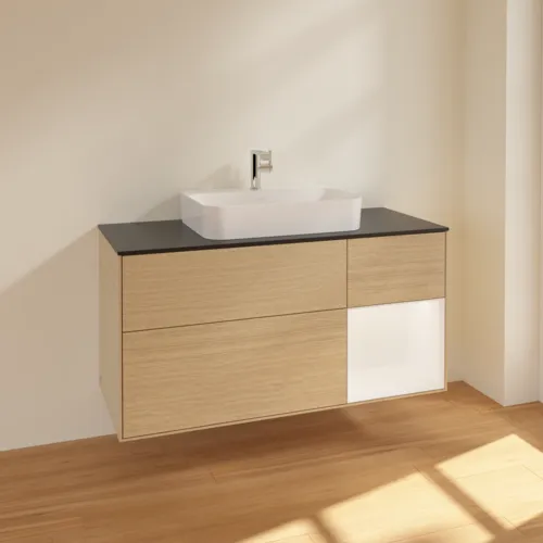 Bild von VILLEROY BOCH Finion Waschbeckenunterschrank, mit Beleuchtung, 3 Auszüge, 1200 x 603 x 501 mm, Oak Veneer / White Matt Lacquer / Glass Black Matt #F422MTPC