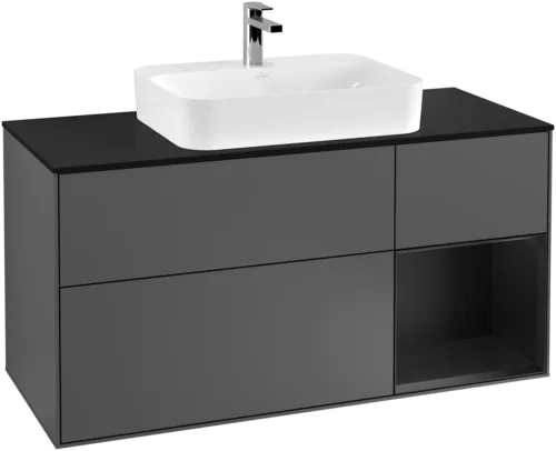 Obrázek VILLEROY BOCH Toaletní skříňka Finion, s osvětlením, 3 výsuvy, 1200 x 603 x 501 mm, antracitový matný lak / černý matný lak / černé matné sklo #F422PDGK