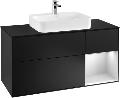 Obrázek VILLEROY BOCH Toaletní skříňka Finion, s osvětlením, 3 výsuvy, 1200 x 603 x 501 mm, černý matný lak / bílý matný lak / černé matné sklo #F422MTPD