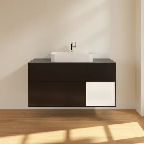 Bild von VILLEROY BOCH Finion Waschbeckenunterschrank, mit Beleuchtung, 3 Auszüge, 1200 x 603 x 501 mm, Black Matt Lacquer / White Matt Lacquer / Glass Black Matt #F422MTPD