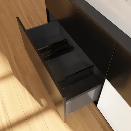 Bild von VILLEROY BOCH Finion Waschbeckenunterschrank, mit Beleuchtung, 3 Auszüge, 1200 x 603 x 501 mm, Black Matt Lacquer / White Matt Lacquer / Glass Black Matt #F422MTPD
