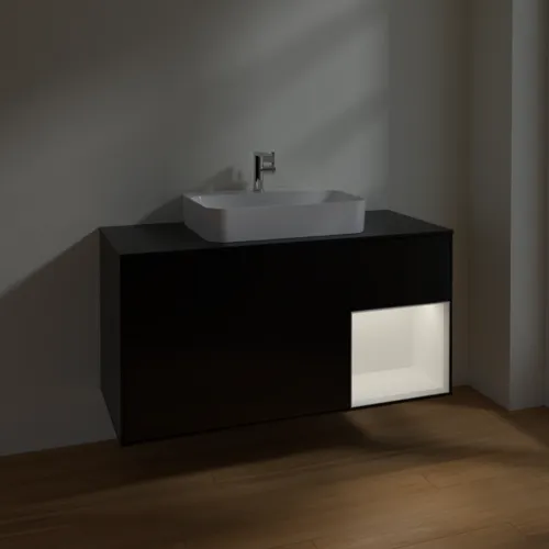 Bild von VILLEROY BOCH Finion Waschbeckenunterschrank, mit Beleuchtung, 3 Auszüge, 1200 x 603 x 501 mm, Black Matt Lacquer / White Matt Lacquer / Glass Black Matt #F422MTPD