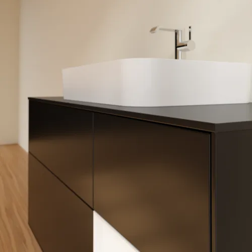 Bild von VILLEROY BOCH Finion Waschbeckenunterschrank, mit Beleuchtung, 3 Auszüge, 1200 x 603 x 501 mm, Black Matt Lacquer / White Matt Lacquer / Glass Black Matt #F422MTPD