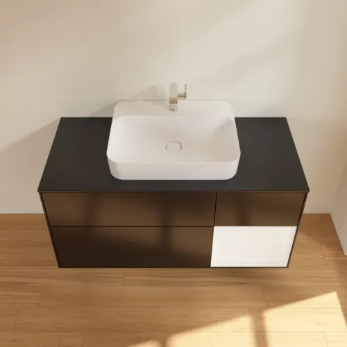Bild von VILLEROY BOCH Finion Waschbeckenunterschrank, mit Beleuchtung, 3 Auszüge, 1200 x 603 x 501 mm, Black Matt Lacquer / White Matt Lacquer / Glass Black Matt #F422MTPD