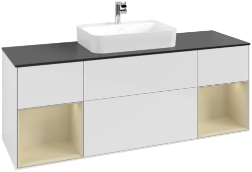 Obrázek VILLEROY BOCH Toaletní skříňka Finion, s osvětlením, 4 výsuvy, 1600 x 603 x 501 mm, lesklý bílý lak / hedvábně šedý matný lak / černé matné sklo #F452HJGF