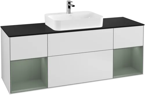 Obrázek VILLEROY BOCH Toaletní skříňka Finion, s osvětlením, 4 výsuvy, 1600 x 603 x 501 mm, bílý matný lak / olivový matný lak / černé matné sklo #F452GMMT
