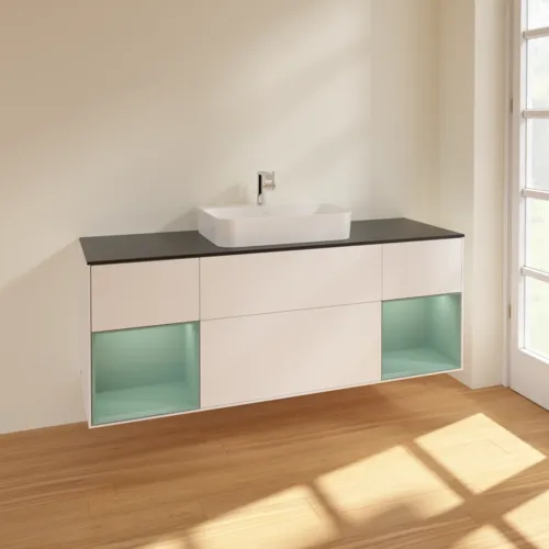 Bild von VILLEROY BOCH Finion Waschbeckenunterschrank, mit Beleuchtung, 4 Auszüge, 1600 x 603 x 501 mm, White Matt Lacquer / Olive Matt Lacquer / Glass Black Matt #F452GMMT
