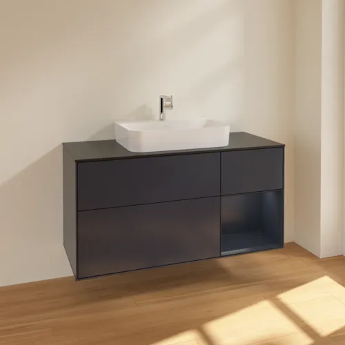 VILLEROY BOCH Finion Waschbeckenunterschrank, mit Beleuchtung, 3 Auszüge, 1200 x 603 x 501 mm, Midnight Blue Matt Lacquer / Midnight Blue Matt Lacquer / Glass Black Matt #F422HGHG, Bild 2