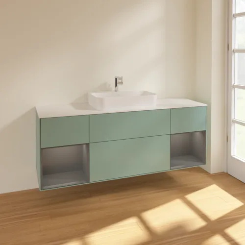 Bild von VILLEROY BOCH Finion Waschbeckenunterschrank, mit Beleuchtung, 4 Auszüge, 1600 x 603 x 501 mm, Olive Matt Lacquer / Anthracite Matt Lacquer / Glass White Matt #F451GKGM