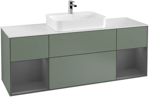 Obrázek VILLEROY BOCH Toaletní skříňka Finion, s osvětlením, 4 výsuvy, 1600 x 603 x 501 mm, olivový matný lak / antracitový matný lak / bílé matné sklo #F451GKGM