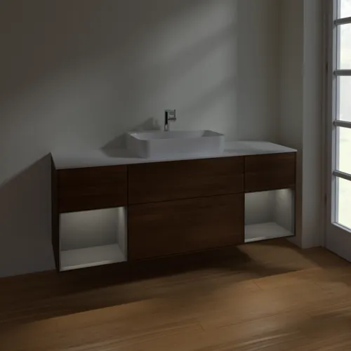 Bild von VILLEROY BOCH Finion Waschbeckenunterschrank, mit Beleuchtung, 4 Auszüge, 1600 x 603 x 501 mm, Walnut Veneer / Anthracite Matt Lacquer / Glass White Matt #F451GKGN