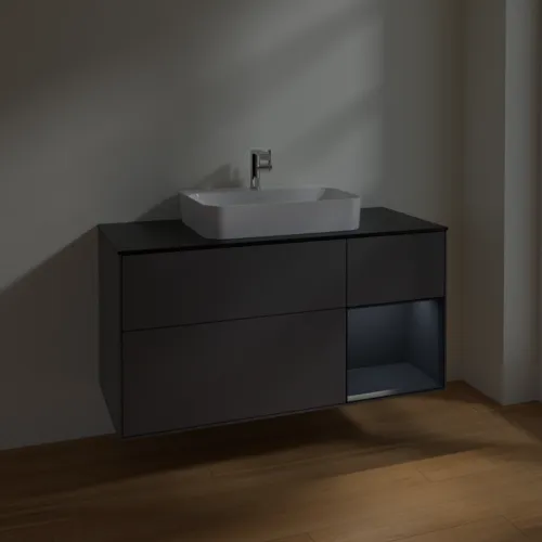 VILLEROY BOCH Finion Waschbeckenunterschrank, mit Beleuchtung, 3 Auszüge, 1200 x 603 x 501 mm, Anthracite Matt Lacquer / Midnight Blue Matt Lacquer / Glass Black Matt #F422HGGK, Bild 5
