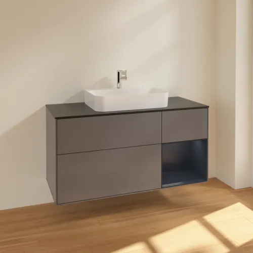 VILLEROY BOCH Finion Waschbeckenunterschrank, mit Beleuchtung, 3 Auszüge, 1200 x 603 x 501 mm, Anthracite Matt Lacquer / Midnight Blue Matt Lacquer / Glass Black Matt #F422HGGK, Bild 2