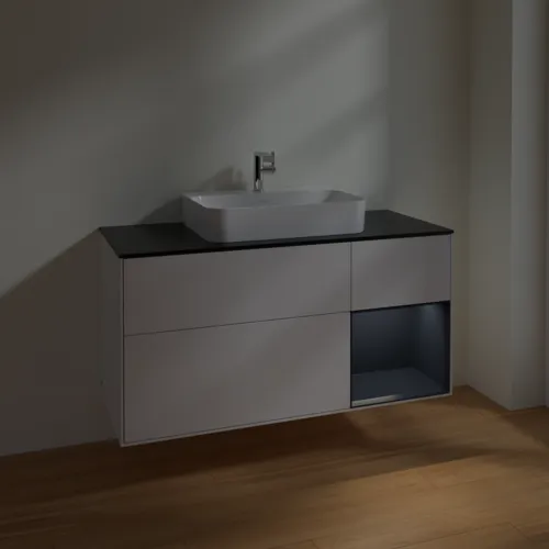 VILLEROY BOCH Finion Waschbeckenunterschrank, mit Beleuchtung, 3 Auszüge, 1200 x 603 x 501 mm, Glossy White Lacquer / Midnight Blue Matt Lacquer / Glass Black Matt #F422HGGF, Bild 5