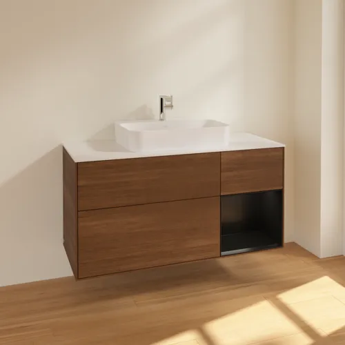 VILLEROY BOCH Finion Waschbeckenunterschrank, mit Beleuchtung, 3 Auszüge, 1200 x 603 x 501 mm, Walnut Veneer / Black Matt Lacquer / Glass White Matt #F421PDGN, Bild 2