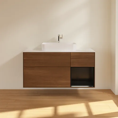 VILLEROY BOCH Finion Waschbeckenunterschrank, mit Beleuchtung, 3 Auszüge, 1200 x 603 x 501 mm, Walnut Veneer / Black Matt Lacquer / Glass White Matt #F421PDGN, Bild 3