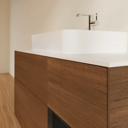 VILLEROY BOCH Finion Waschbeckenunterschrank, mit Beleuchtung, 3 Auszüge, 1200 x 603 x 501 mm, Walnut Veneer / Black Matt Lacquer / Glass White Matt #F421PDGN, Bild 6