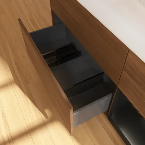 VILLEROY BOCH Finion Waschbeckenunterschrank, mit Beleuchtung, 3 Auszüge, 1200 x 603 x 501 mm, Walnut Veneer / Black Matt Lacquer / Glass White Matt #F421PDGN, Bild 7