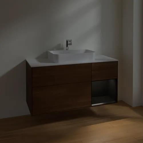 VILLEROY BOCH Finion Waschbeckenunterschrank, mit Beleuchtung, 3 Auszüge, 1200 x 603 x 501 mm, Walnut Veneer / Black Matt Lacquer / Glass White Matt #F421PDGN, Bild 5