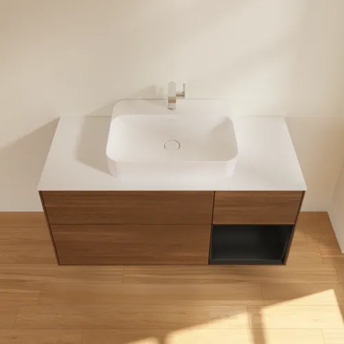 VILLEROY BOCH Finion Waschbeckenunterschrank, mit Beleuchtung, 3 Auszüge, 1200 x 603 x 501 mm, Walnut Veneer / Black Matt Lacquer / Glass White Matt #F421PDGN, Bild 4