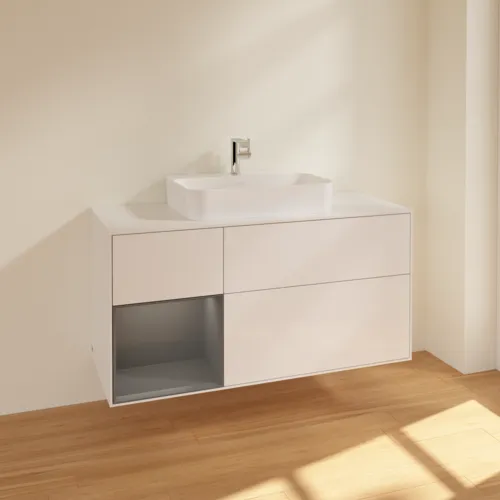 VILLEROY BOCH Finion Waschbeckenunterschrank, mit Beleuchtung, 3 Auszüge, 1200 x 603 x 501 mm, Glossy White Lacquer / Anthracite Matt Lacquer / Glass White Matt #F411GKGF, Bild 2