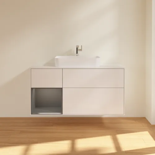 VILLEROY BOCH Finion Waschbeckenunterschrank, mit Beleuchtung, 3 Auszüge, 1200 x 603 x 501 mm, Glossy White Lacquer / Anthracite Matt Lacquer / Glass White Matt #F411GKGF, Bild 3