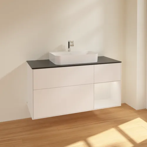 VILLEROY BOCH Finion Waschbeckenunterschrank, mit Beleuchtung, 3 Auszüge, 1200 x 603 x 501 mm, White Matt Lacquer / Glossy White Lacquer / Glass Black Matt #F422GFMT, Bild 2