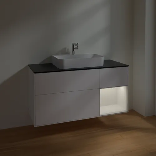VILLEROY BOCH Finion Waschbeckenunterschrank, mit Beleuchtung, 3 Auszüge, 1200 x 603 x 501 mm, White Matt Lacquer / Glossy White Lacquer / Glass Black Matt #F422GFMT, Bild 5
