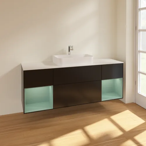 VILLEROY BOCH Finion Waschbeckenunterschrank, mit Beleuchtung, 4 Auszüge, 1600 x 603 x 501 mm, Black Matt Lacquer / Olive Matt Lacquer / Glass White Matt #F451GMPD, Bild 2