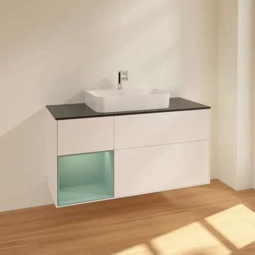 Bild von VILLEROY BOCH Finion Waschbeckenunterschrank, mit Beleuchtung, 3 Auszüge, 1200 x 603 x 501 mm, White Matt Lacquer / Olive Matt Lacquer / Glass Black Matt #F412GMMT