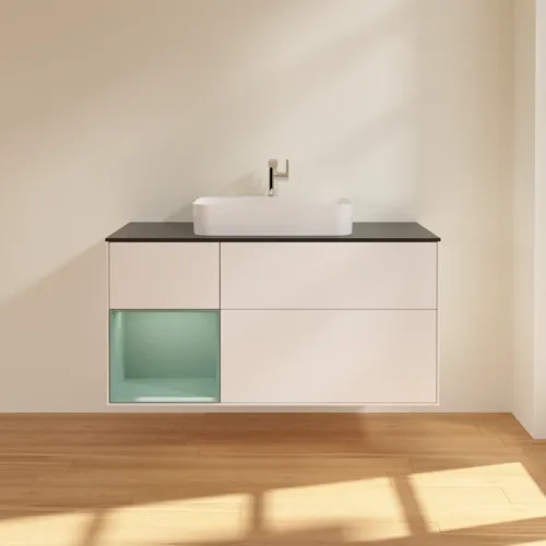 Bild von VILLEROY BOCH Finion Waschbeckenunterschrank, mit Beleuchtung, 3 Auszüge, 1200 x 603 x 501 mm, White Matt Lacquer / Olive Matt Lacquer / Glass Black Matt #F412GMMT