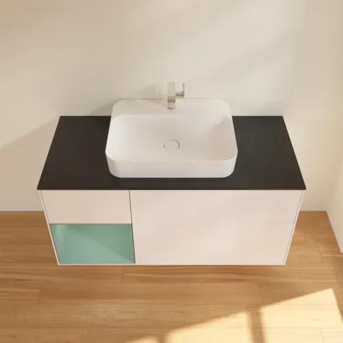 Bild von VILLEROY BOCH Finion Waschbeckenunterschrank, mit Beleuchtung, 3 Auszüge, 1200 x 603 x 501 mm, White Matt Lacquer / Olive Matt Lacquer / Glass Black Matt #F412GMMT