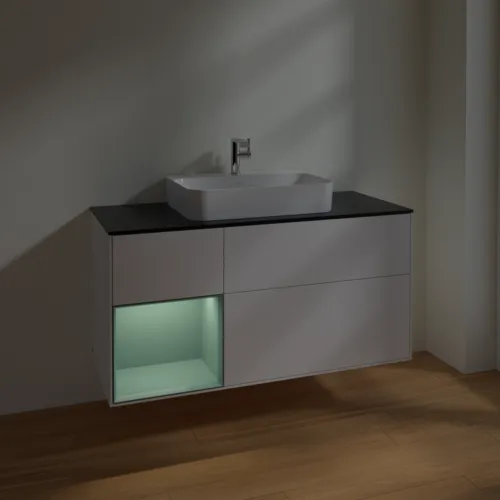 Bild von VILLEROY BOCH Finion Waschbeckenunterschrank, mit Beleuchtung, 3 Auszüge, 1200 x 603 x 501 mm, White Matt Lacquer / Olive Matt Lacquer / Glass Black Matt #F412GMMT
