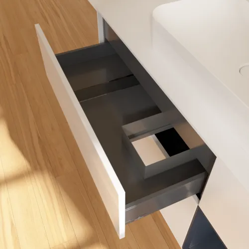 Picture of VILLEROY BOCH Finion Vanity unit, with lighting, 3 pull-out compartments, 1200 x 603 x 501 mm, Glossy White Lacquer / Midnight Blue Matt Lacquer / Glass White Matt #F421HGGF