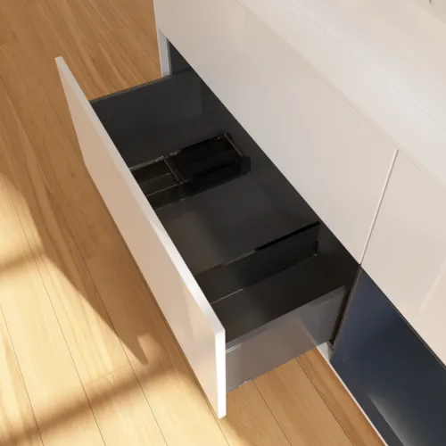 Picture of VILLEROY BOCH Finion Vanity unit, with lighting, 3 pull-out compartments, 1200 x 603 x 501 mm, Glossy White Lacquer / Midnight Blue Matt Lacquer / Glass White Matt #F421HGGF