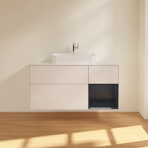 Picture of VILLEROY BOCH Finion Vanity unit, with lighting, 3 pull-out compartments, 1200 x 603 x 501 mm, Glossy White Lacquer / Midnight Blue Matt Lacquer / Glass White Matt #F421HGGF