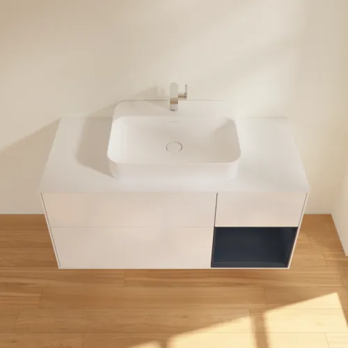 Picture of VILLEROY BOCH Finion Vanity unit, with lighting, 3 pull-out compartments, 1200 x 603 x 501 mm, Glossy White Lacquer / Midnight Blue Matt Lacquer / Glass White Matt #F421HGGF