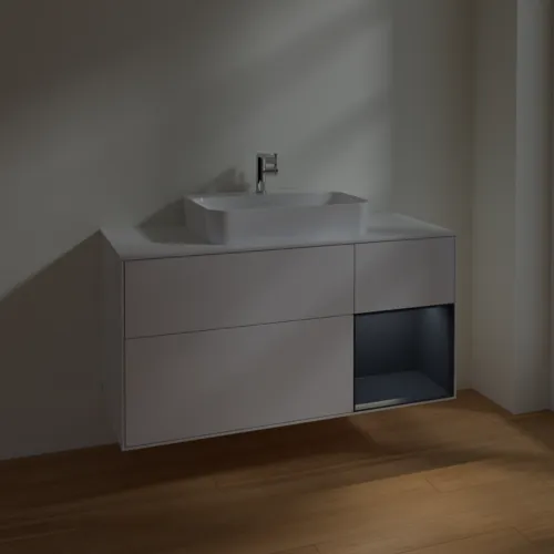 Picture of VILLEROY BOCH Finion Vanity unit, with lighting, 3 pull-out compartments, 1200 x 603 x 501 mm, Glossy White Lacquer / Midnight Blue Matt Lacquer / Glass White Matt #F421HGGF