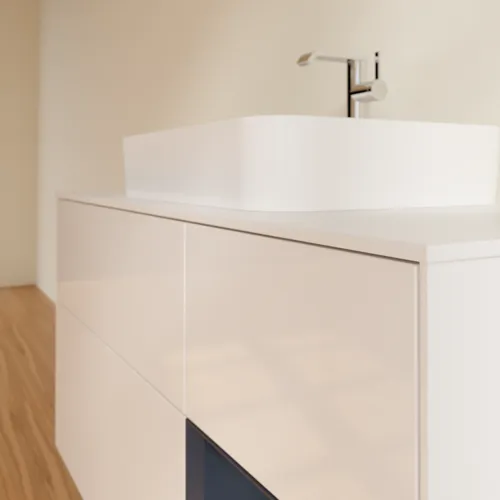 Picture of VILLEROY BOCH Finion Vanity unit, with lighting, 3 pull-out compartments, 1200 x 603 x 501 mm, Glossy White Lacquer / Midnight Blue Matt Lacquer / Glass White Matt #F421HGGF