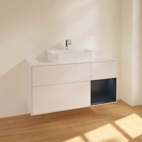 Picture of VILLEROY BOCH Finion Vanity unit, with lighting, 3 pull-out compartments, 1200 x 603 x 501 mm, Glossy White Lacquer / Midnight Blue Matt Lacquer / Glass White Matt #F421HGGF