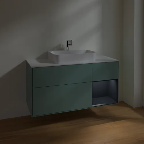Bild von VILLEROY BOCH Finion Waschbeckenunterschrank, mit Beleuchtung, 3 Auszüge, 1200 x 603 x 501 mm, Olive Matt Lacquer / Midnight Blue Matt Lacquer / Glass White Matt #F421HGGM