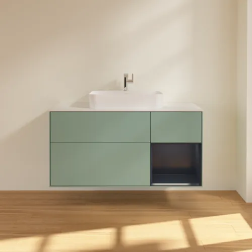 Bild von VILLEROY BOCH Finion Waschbeckenunterschrank, mit Beleuchtung, 3 Auszüge, 1200 x 603 x 501 mm, Olive Matt Lacquer / Midnight Blue Matt Lacquer / Glass White Matt #F421HGGM