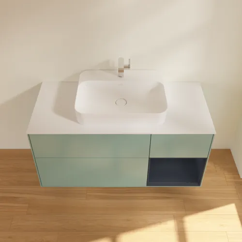 Bild von VILLEROY BOCH Finion Waschbeckenunterschrank, mit Beleuchtung, 3 Auszüge, 1200 x 603 x 501 mm, Olive Matt Lacquer / Midnight Blue Matt Lacquer / Glass White Matt #F421HGGM
